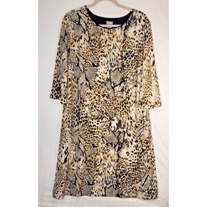 Chico's Dress Womens 3 16/18 Tan Black Animal Print Leopard Snakeskin A-Line